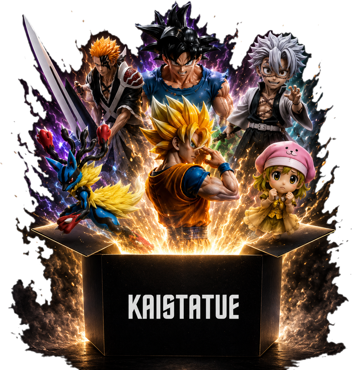 KaiStatue collector statues — Goku, Ichigo, Lucario and more bursting out of a KaiStatue box